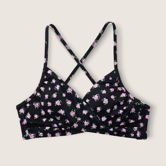 Victoria's secret pink body wrap bikini swim top BLACK FLORAL LARGE - Picture 2 of 7